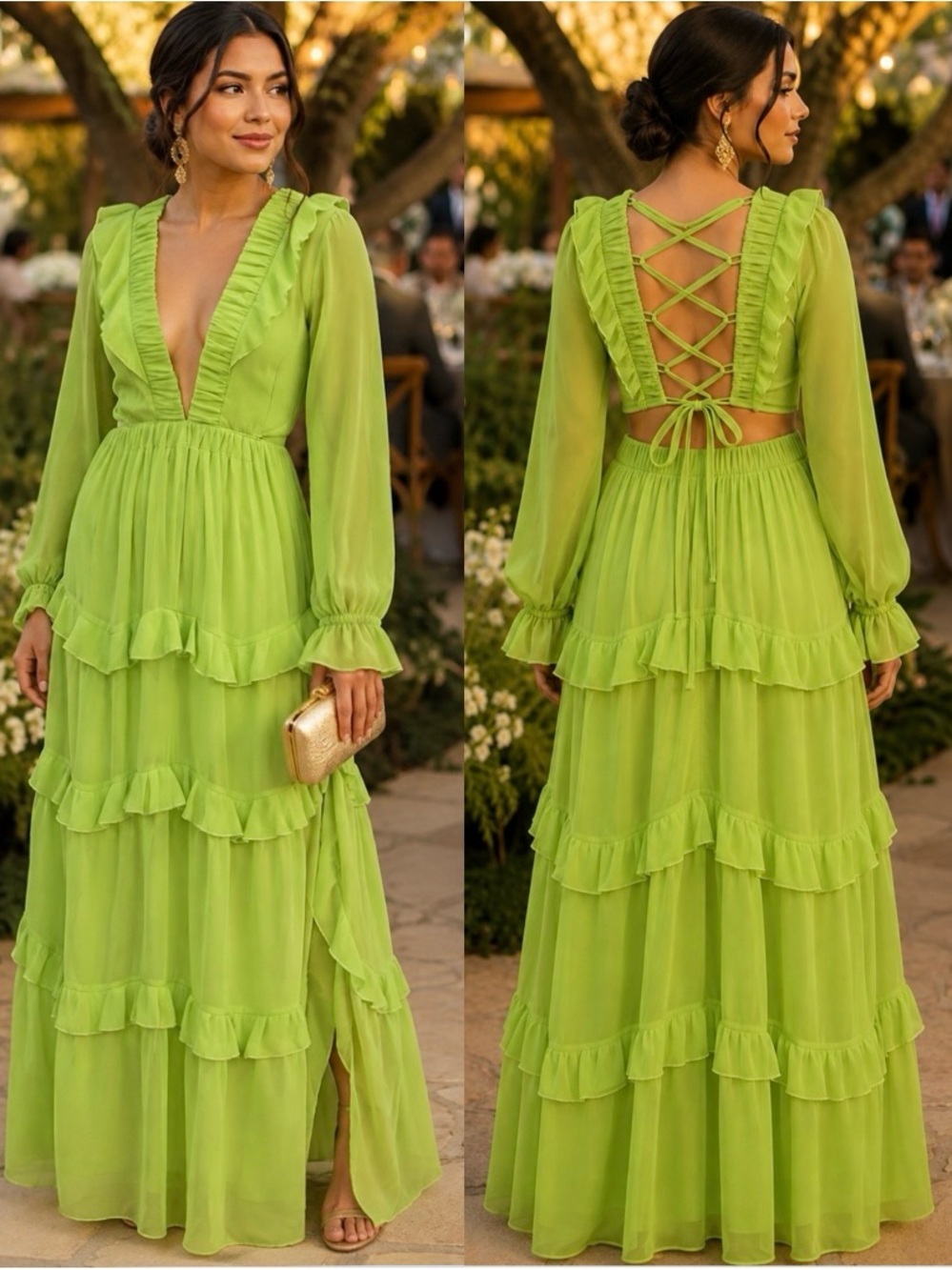 Boohoo NWT Chartreuse Green Ruffle Maxi Dress Lace Up Open Back Long Sleeve S 4